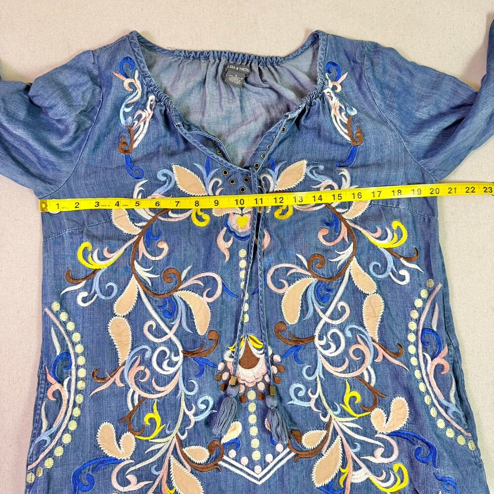 Embroidered Tencel Chambray Tunic Peasant Dress Women's S Boho Festival Cottage - Picture 7 of 14
